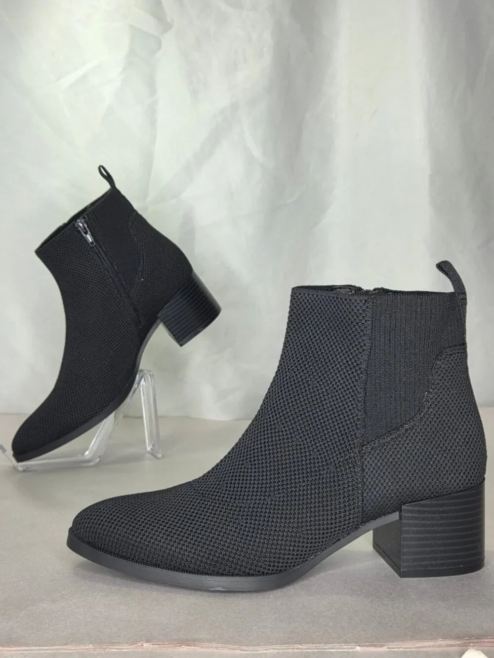 Lifestride Dazzle Almond Toe Ankle Dress Boots (Black Knit Fabric) - Size 8 M